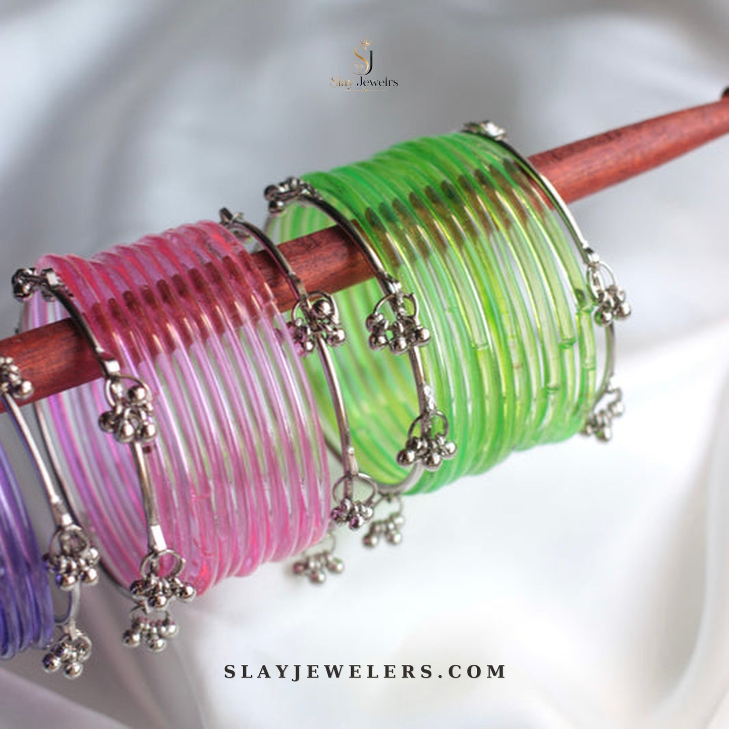 Purple, pink, and lime jelly bangle trio with silver Kashmiri charms — Slay Jewelers