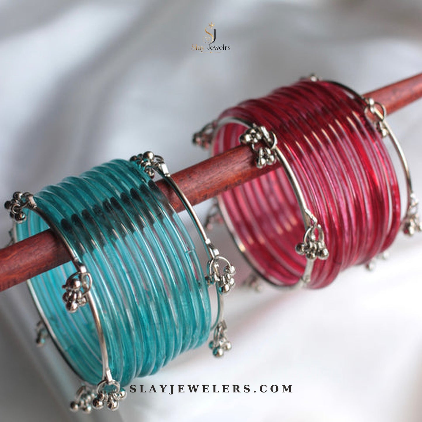Turquoise and pink jelly bangles with silver Kashmiri charm clusters — Slay Jewelers