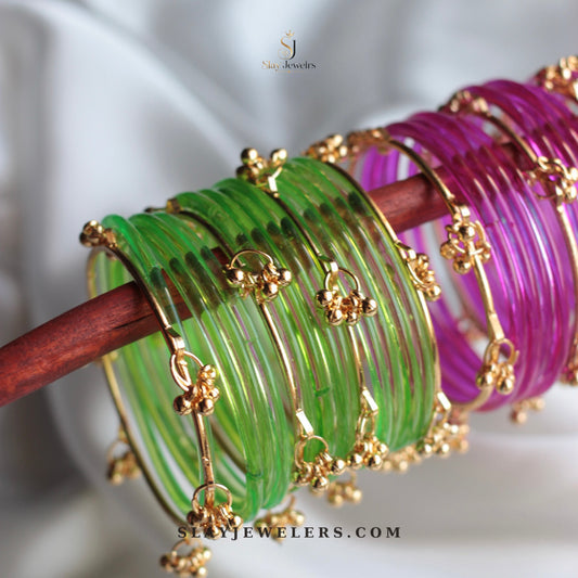 Green and magenta jelly bangles with gold Kashmiri charm clusters — Slay Jewelers