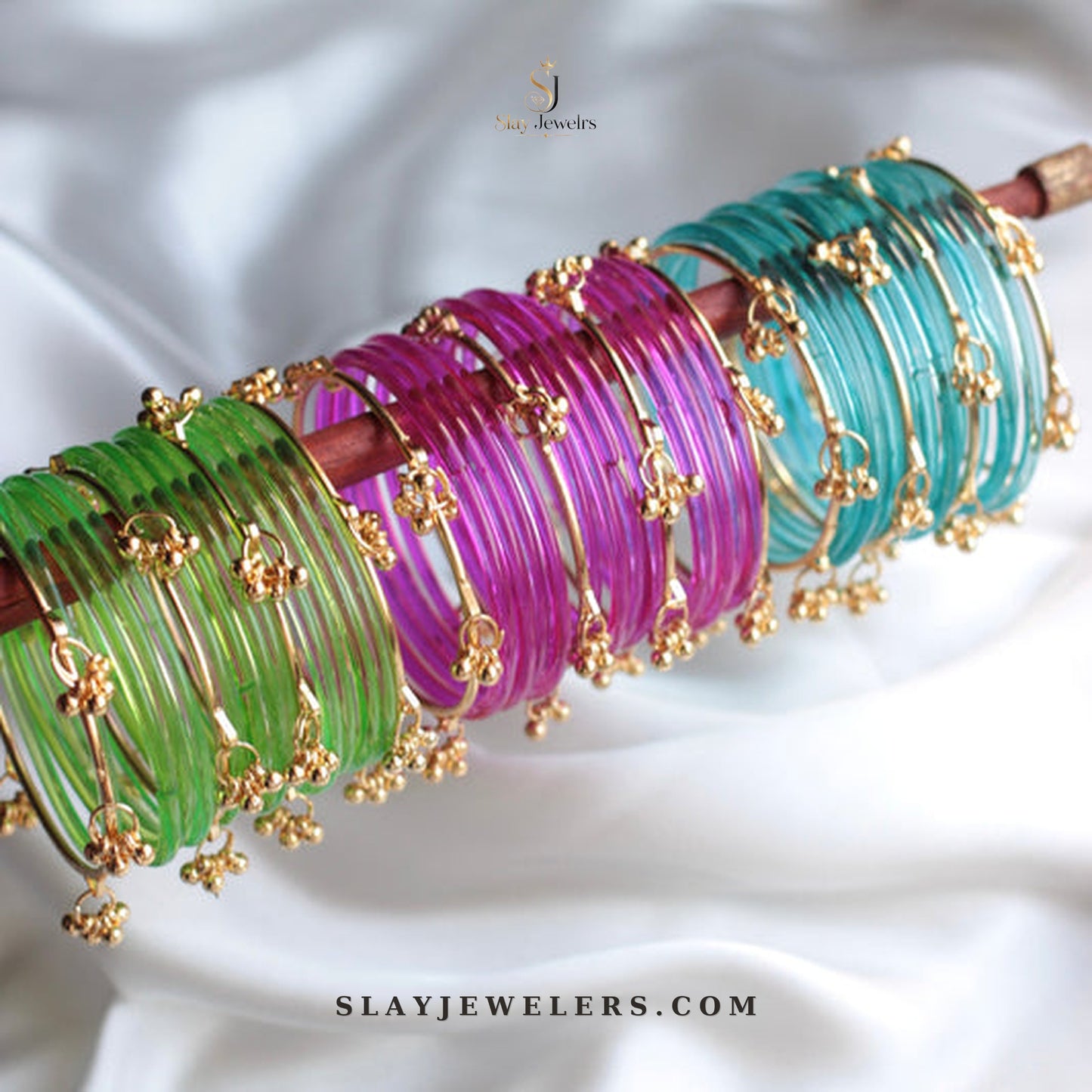 Green magenta and teal jelly bangle trio with gold Kashmiri charms — Slay Jewelers