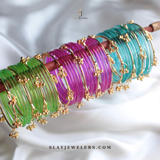 Green magenta and teal jelly bangle trio with gold Kashmiri charms — Slay Jewelers