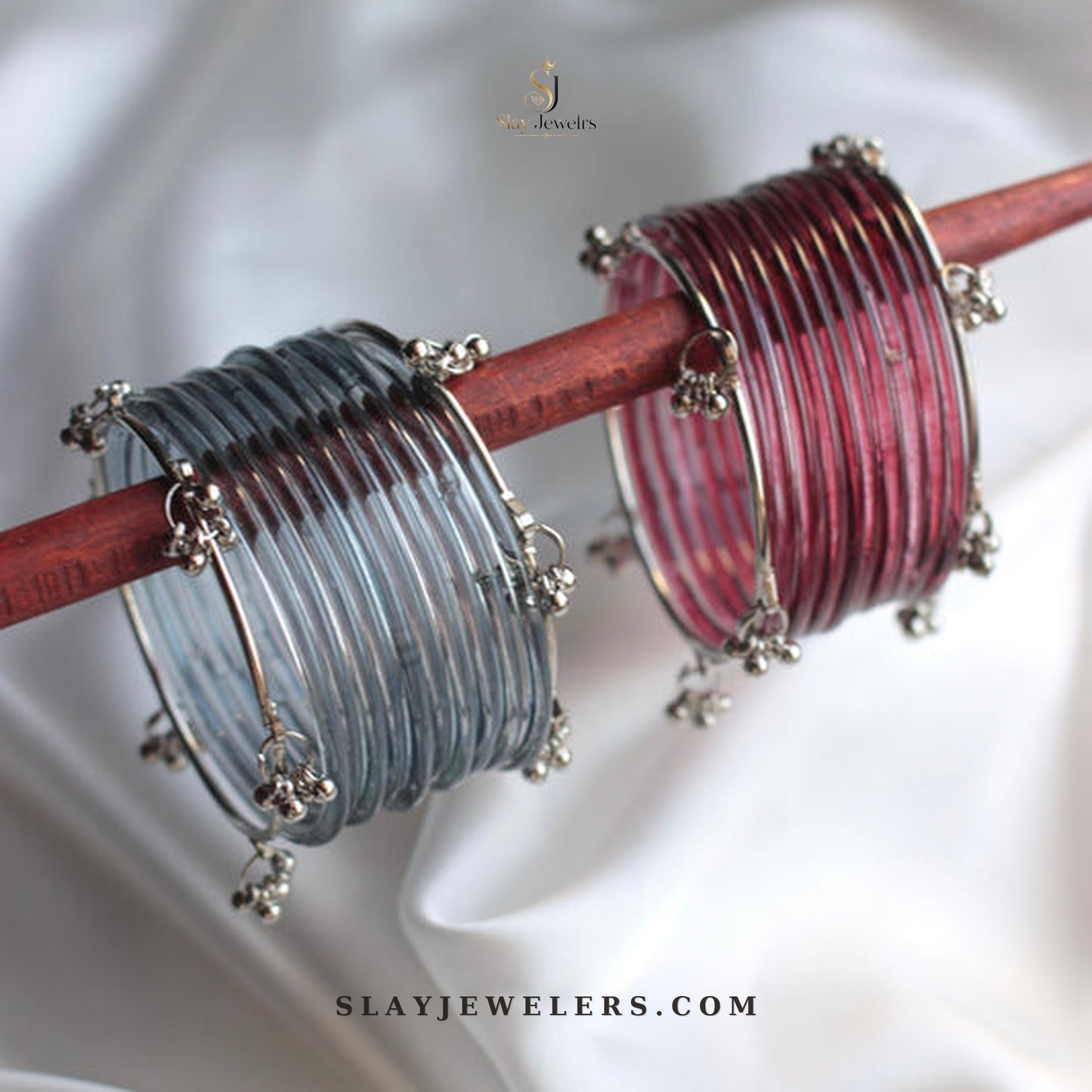 Grey and maroon jelly bangles with silver Kashmiri charm clusters — Slay Jewelers