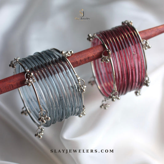 Grey and maroon jelly bangles with silver Kashmiri charm clusters — Slay Jewelers