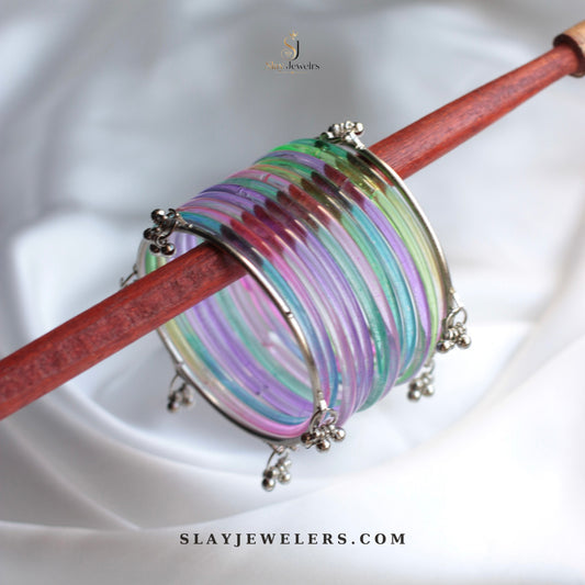 Pastel multi jelly bangle stack with silver Kashmiri charm clusters — Slay Jewelers