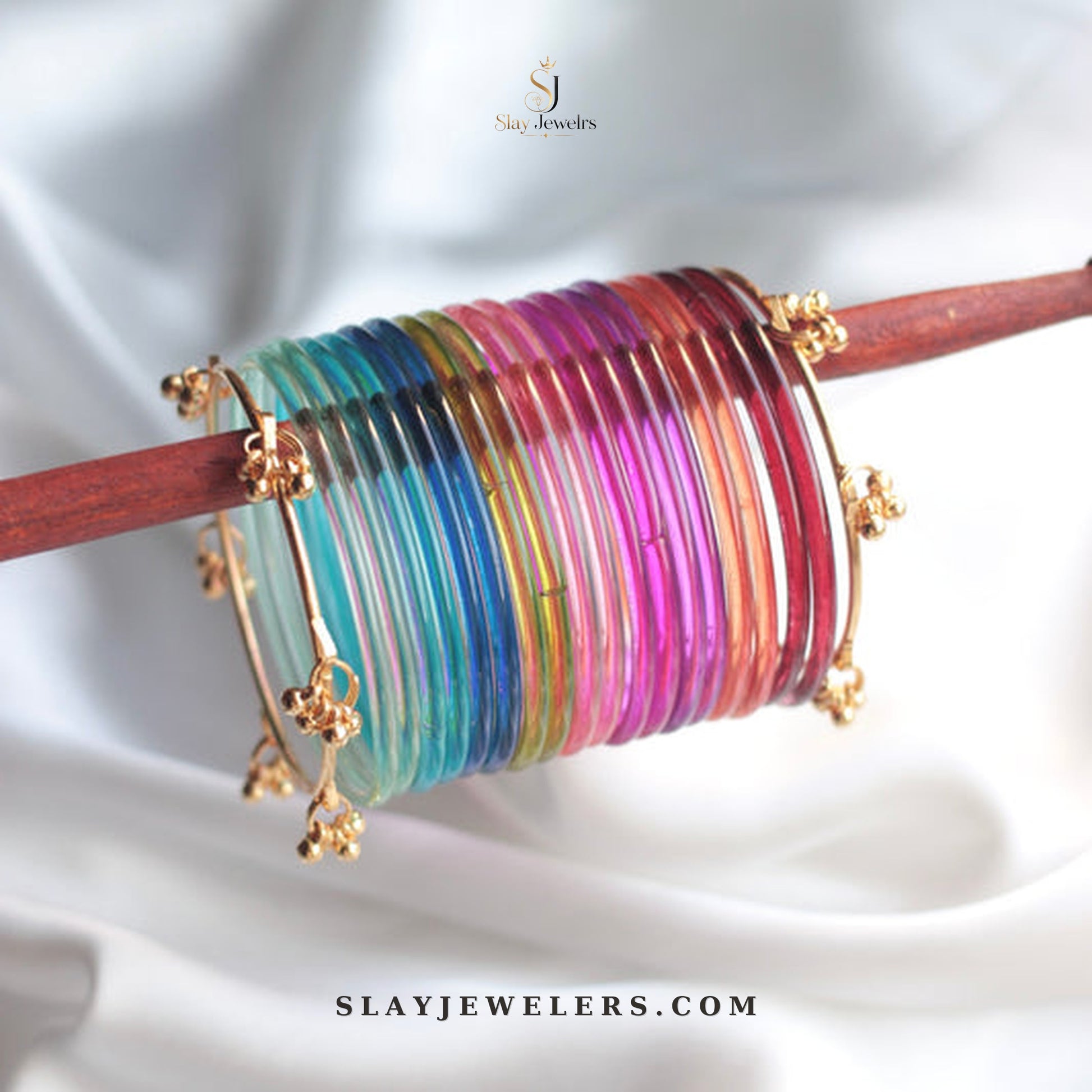 Rainbow jelly bangle stack with gold Kashmiri charms — Slay Jewelers