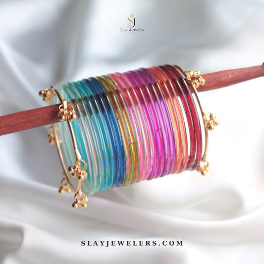 Rainbow jelly bangle stack with gold Kashmiri charms — Slay Jewelers