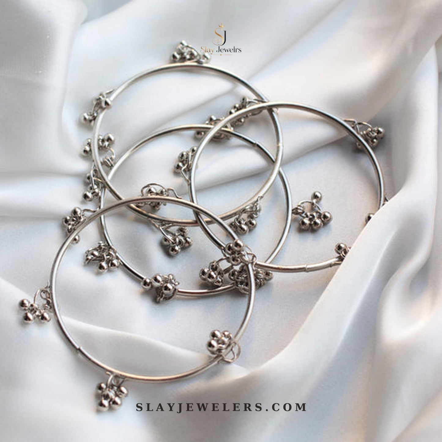 Silver Kashmiri bangles 4-piece set with delicate floral charm clusters — Slay Jewelers