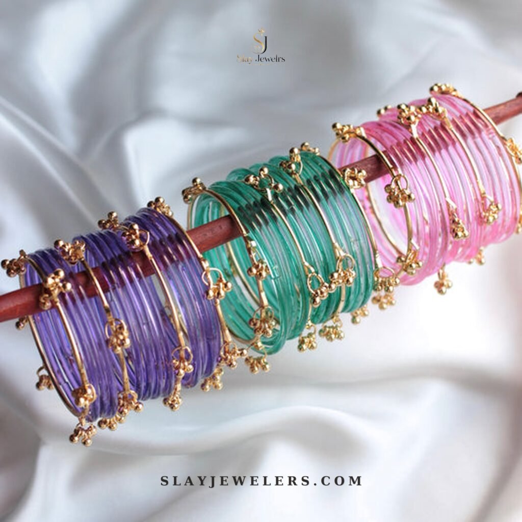Purple Green Pink Jelly Kashmiri Bangle Trio — Gold Charms