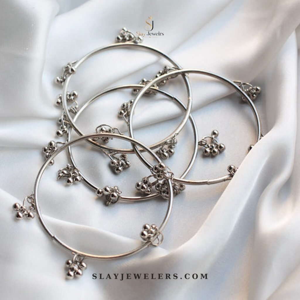 Silver Kashmiri Bangles 4-Piece Set — Classic Floral Charms